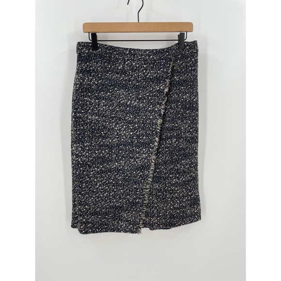 J.Crew Dresses & Skirts - J Crew Womens 8 Navy Metallic Tweed Wool Blend Faux Wrap Pencil Skirt Fringe
